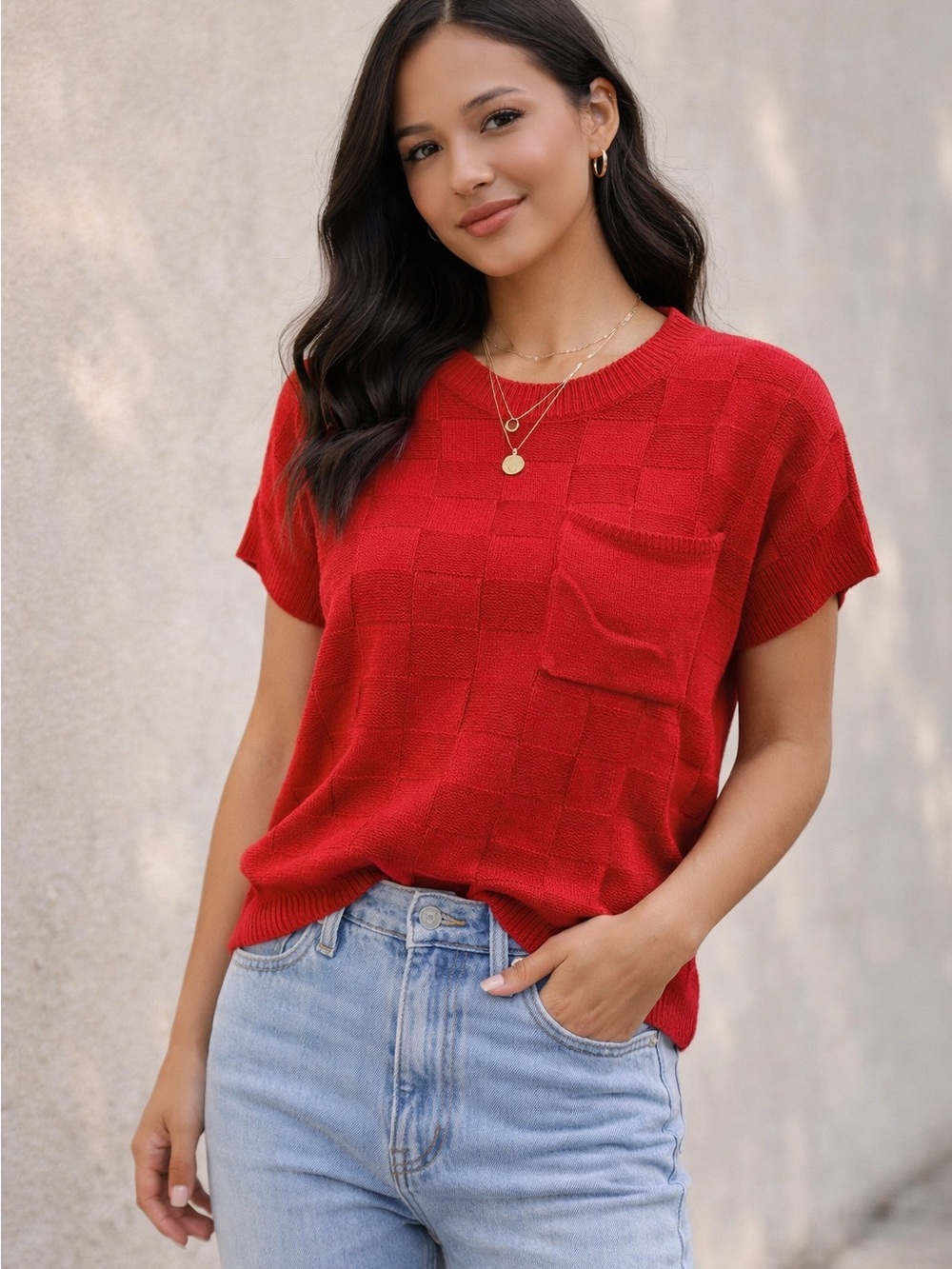Women's Red Short-Sleeve Knit Top with Pocket